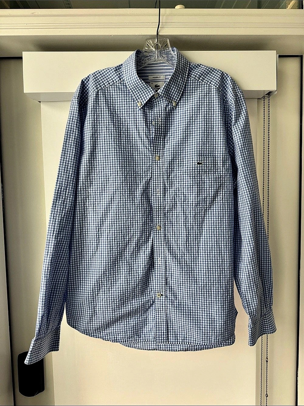 Lacoste Gingham Check Button Down Shirt Modern Fit Blue & White Size 42